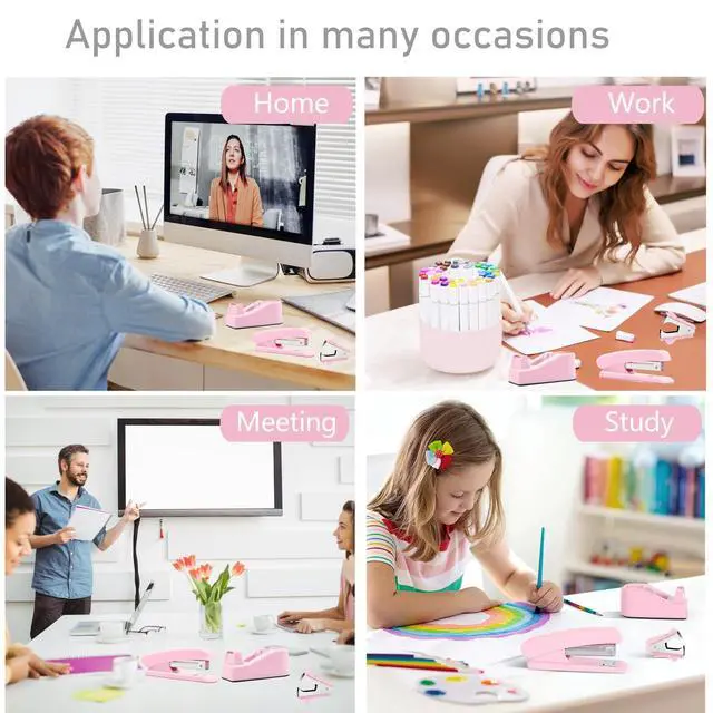 Alt view image 5 of 6 - Pink Desk Accessories, Pink Office Supplies Accessories with Tape Dispenser, Stapler, Staple Remover, 1000 Staples, Tape, Clips Set, Ruler, Scissor, Pen