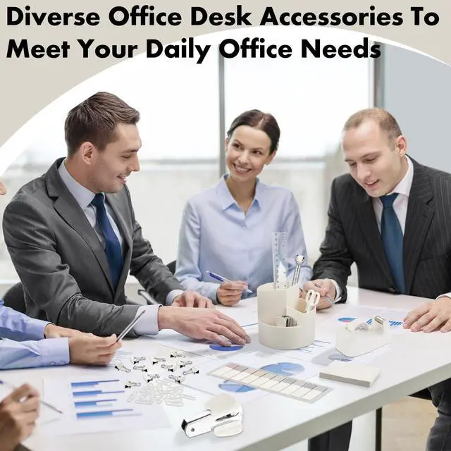 Alt view image 6 of 7 - Beige Office Desk Accessories 12 Pcs Office Supplies Set 360° Rotating Pen Holder, Stapler, Tape Dispenser, Scissor, Sticky Notes, Binder Clips, Desk Organizers Gift for School