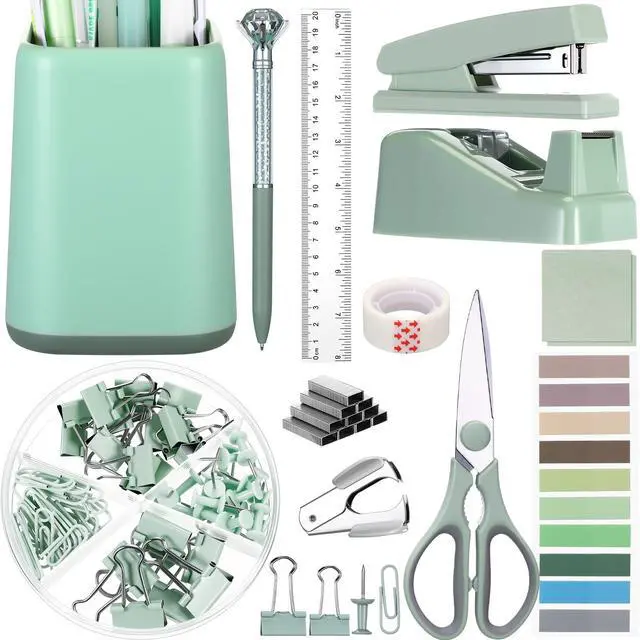 Main image of 12 Pcs Sage Green Office Supplies Desk Accessories Set Pen Holder Tape Dispenser Stapler Staple Remover Staples Tape Ruler Scissor Pen Sticky Note Index Tab Clips Set for Office School Home