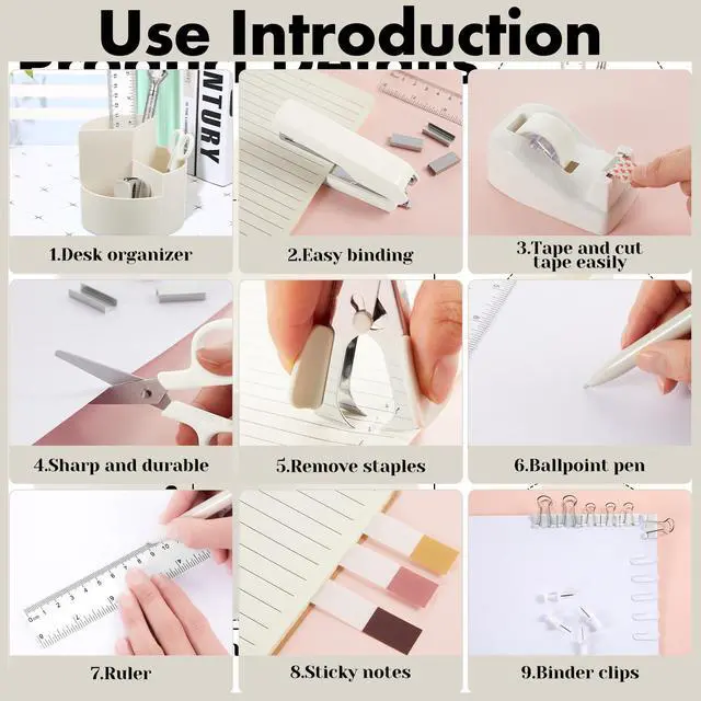 Alt view image 4 of 7 - Beige Office Desk Accessories 12 Pcs Office Supplies Set 360° Rotating Pen Holder, Stapler, Tape Dispenser, Scissor, Sticky Notes, Binder Clips, Desk Organizers Gift for School