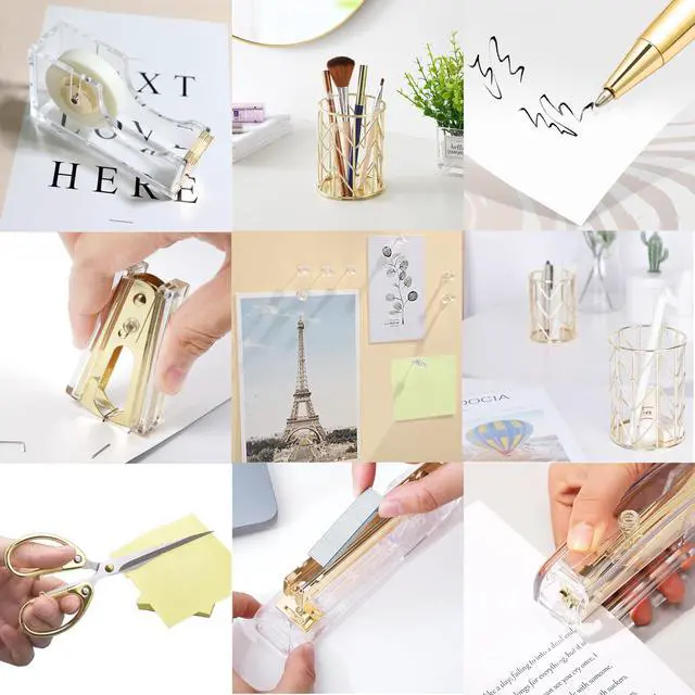 Alt view image 5 of 7 - Gold Desk AccessoriesOffice Supplies Set Acrylic Stapler Set Staple Remover, Tape/Pen Holder, 2 Ballpoint Pen, Scissor, Binder/Paper Clips and 1000pcs Staples.
