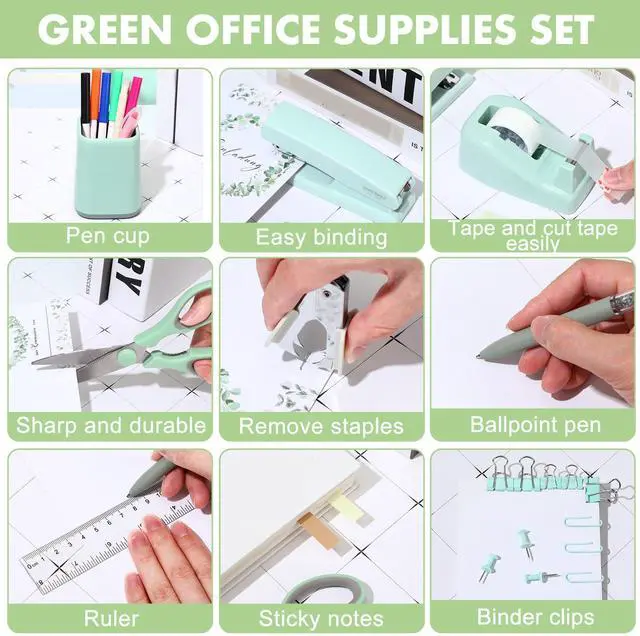 Alt view image 5 of 7 - 12 Pcs Sage Green Office Supplies Desk Accessories Set Pen Holder Tape Dispenser Stapler Staple Remover Staples Tape Ruler Scissor Pen Sticky Note Index Tab Clips Set for Office School Home