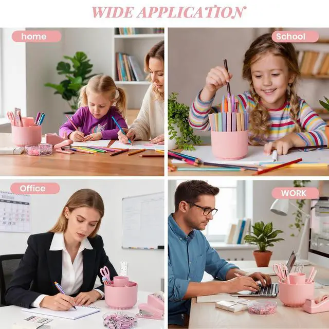 Alt view image 7 of 7 - Pink Desk Accessories, 11Pcs Desk Organizer with 360°Rotating Pen Holder, Stapler, Staples, Staple Remover, Pen, Ruler, Tape Dispenser, Tape, Clips, Scissor, Notes, Office Supplies