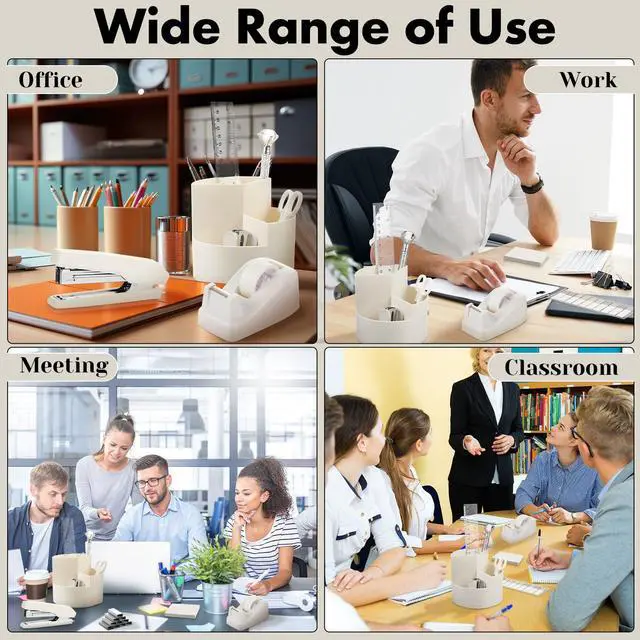 Alt view image 7 of 7 - Beige Office Desk Accessories 12 Pcs Office Supplies Set 360° Rotating Pen Holder, Stapler, Tape Dispenser, Scissor, Sticky Notes, Binder Clips, Desk Organizers Gift for School