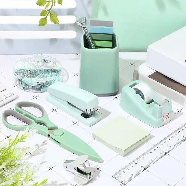 Alt view image 2 of 7 - 12 Pcs Sage Green Office Supplies Desk Accessories Set Pen Holder Tape Dispenser Stapler Staple Remover Staples Tape Ruler Scissor Pen Sticky Note Index Tab Clips Set for Office School Home