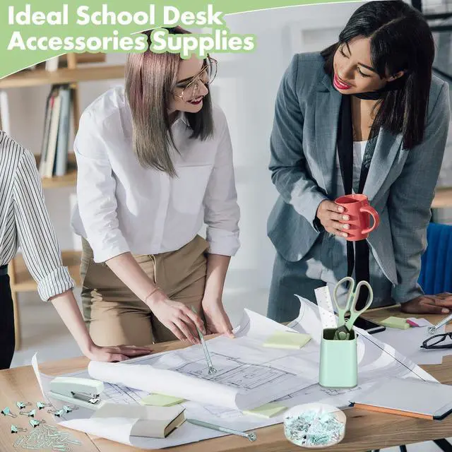 Alt view image 7 of 7 - 12 Pcs Sage Green Office Supplies Desk Accessories Set Pen Holder Tape Dispenser Stapler Staple Remover Staples Tape Ruler Scissor Pen Sticky Note Index Tab Clips Set for Office School Home