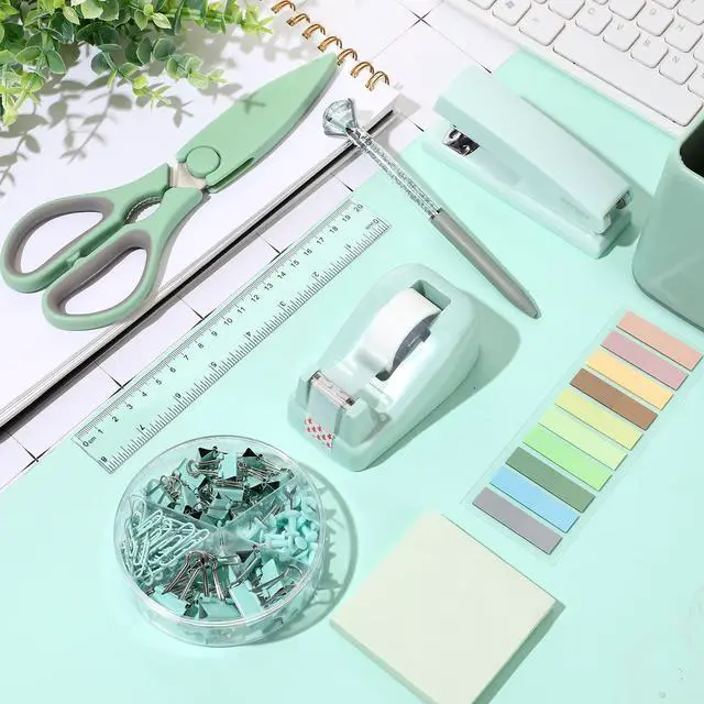 Alt view image 6 of 7 - 12 Pcs Sage Green Office Supplies Desk Accessories Set Pen Holder Tape Dispenser Stapler Staple Remover Staples Tape Ruler Scissor Pen Sticky Note Index Tab Clips Set for Office School Home