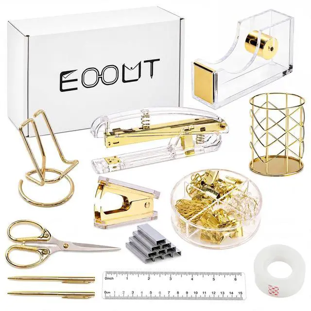 Main image of Gold Office Supplies Set Desk Accessories, Acrylic Stapler Set Staple Remover, Phone Holder, Tape Holder, Pen Holder, 2 Ballpoint Pen, Scissor, Binder Clips, Ruler, Transparent Glue and Staples.