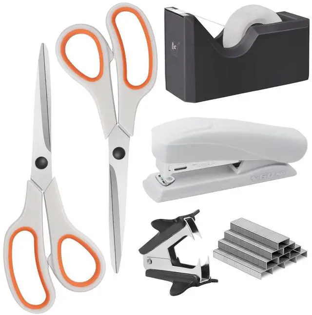 Main image of Office Supplies Kit, Desk Accessory Set, Including 2 Scissors, 1 Stapler,1000 Pieces 26/6 Staples, 1 Staple Remover, 1 Tape Dispenser and 1 Tape, Perfect Office Partners