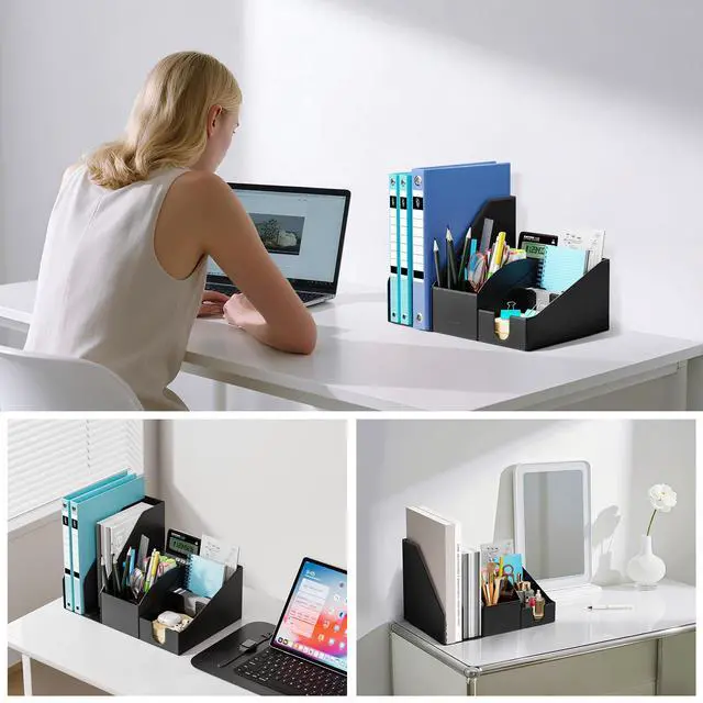 Alt view image 2 of 7 - Magnetic Desk Organizer Set - Multifunctional PU Leather Desktop Storage with File Holder, 5-Tier Storage Box, Card and Sticky Note Slots, Office Supplies Accessories for Desk & Workspace