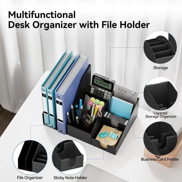 Alt view image 3 of 7 - Magnetic Desk Organizer Set - Multifunctional PU Leather Desktop Storage with File Holder, 5-Tier Storage Box, Card and Sticky Note Slots, Office Supplies Accessories for Desk & Workspace