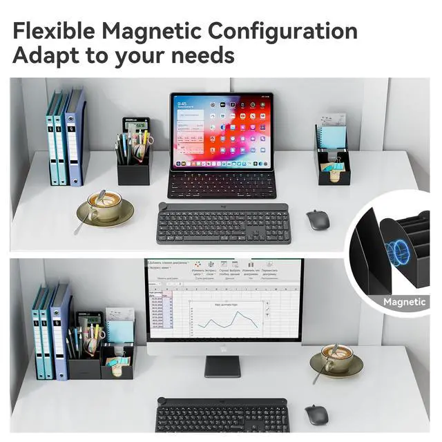 Alt view image 4 of 7 - Magnetic Desk Organizer Set - Multifunctional PU Leather Desktop Storage with File Holder, 5-Tier Storage Box, Card and Sticky Note Slots, Office Supplies Accessories for Desk & Workspace
