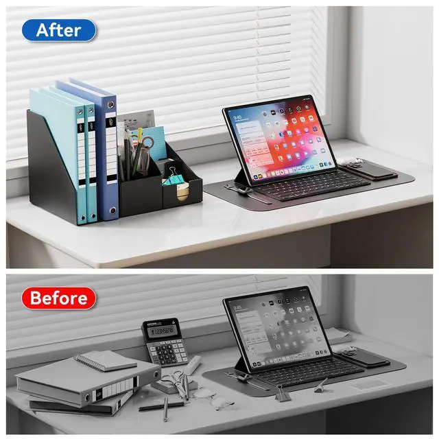 Alt view image 5 of 7 - Magnetic Desk Organizer Set - Multifunctional PU Leather Desktop Storage with File Holder, 5-Tier Storage Box, Card and Sticky Note Slots, Office Supplies Accessories for Desk & Workspace