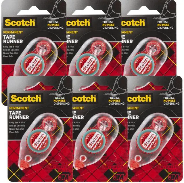 Main image of 3M 6061 Scotch Double Sided Adhesive Roller Tape Runner, Permanent, Acid-Free, Photo-Safe Adhesive for Scrapbooking, Photo Mounting, and Crafts, 0.27 in x 26 ft per Roller, Pack of 6