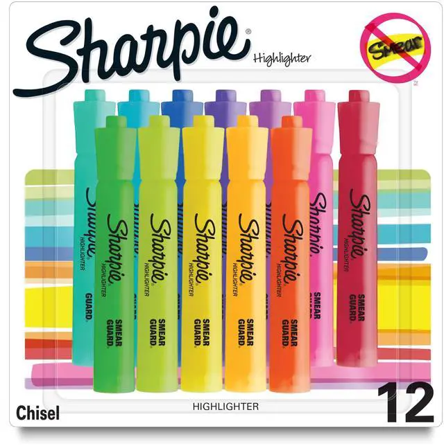 Main image of Tank Highlighters, Assorted Colors, Chisel Tip, Back to School Essentials, Teacher & Office Supplies, Smear-Resistant, 12-Pack