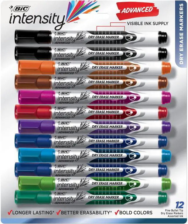 Main image of Intensity Advanced Colorful Dry Erase Markers, Bullet Tip, Whiteboard Markers for Teachers and Students, School Supplies, 12-Count Pack of Assorted Colors
