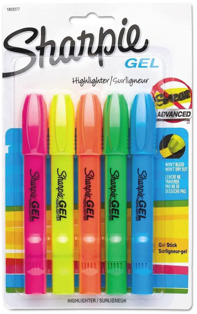 Main image of Gel Highlighters, Assorted Colors, Smear-Resistant, Bullet Tip, 5 Count - No Bleed, Won't Dry Out