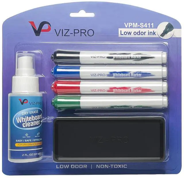 Main image of Dry Erase Marker Starter Set, Low-Odor Whiteboard Pens, Eraser and White Board Cleaner, Assorted Colors, 6-Piece Kit