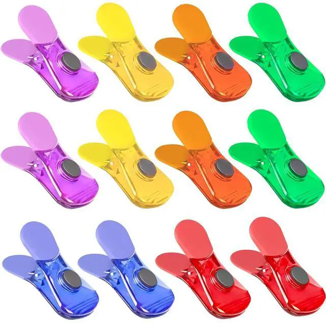 Main image of Bag Clips, 12 Pack Chip Clips, Magnetic Bag Clip for Food Snacks Bread Storage Heavy Duty, Plastic Assorted Colors Refrigerator Magnet Air-Tight Package Clip Clothes Pins for Home Kitchen