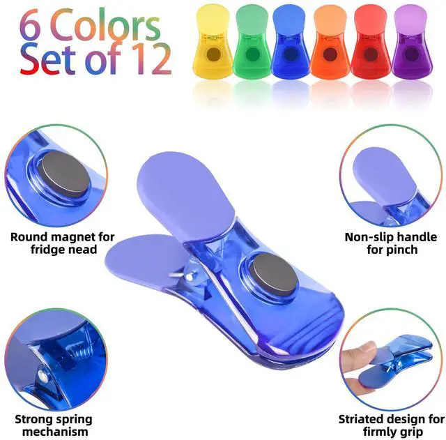Alt view image 3 of 7 - Bag Clips, 12 Pack Chip Clips, Magnetic Bag Clip for Food Snacks Bread Storage Heavy Duty, Plastic Assorted Colors Refrigerator Magnet Air-Tight Package Clip Clothes Pins for Home Kitchen
