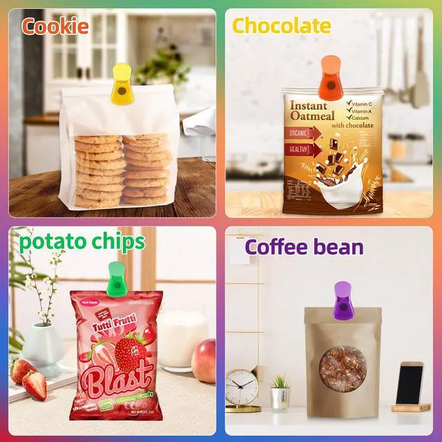 Alt view image 7 of 7 - Bag Clips, 12 Pack Chip Clips, Magnetic Bag Clip for Food Snacks Bread Storage Heavy Duty, Plastic Assorted Colors Refrigerator Magnet Air-Tight Package Clip Clothes Pins for Home Kitchen