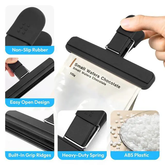 Alt view image 3 of 7 - Chip Clips, 6 Pack Black Wide Open Bag Clips for Food Storage, Heavy Duty Seal Grips Plastic Food Clip for Snack, Packages (6 inch x 3.4 inch)