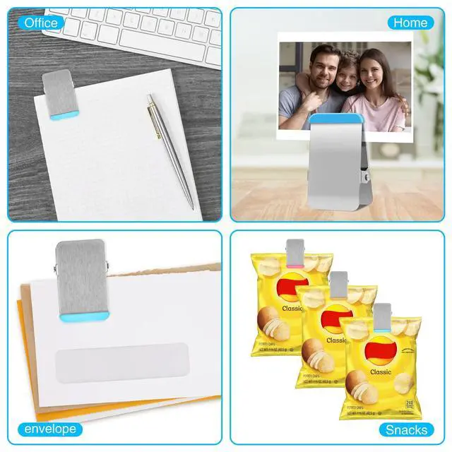 Alt view image 6 of 7 - Chip Clips Heavy Duty, 12 Pack Chip Bag Clip with Colored Silicone, Stainless Steel Bag Clips for Food Snack, Flat Metal Clamp for Office Kitchen