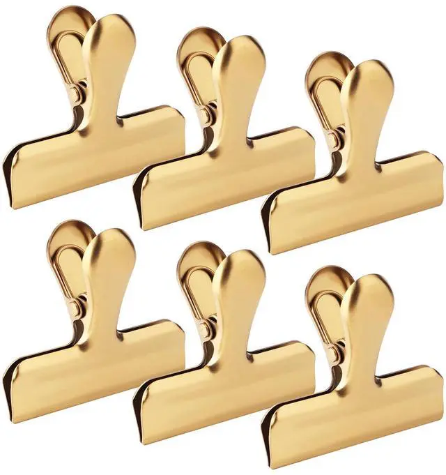 Main image of 6pc-3 Inch Wide Stainless Steel Paper Clamps Heavy Duty Food Bag Clamp,Seal Clip, Chip Clips Metal Hinge Clip File Clamps for Kitchen&Office (Gold)