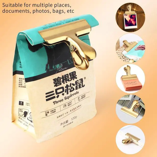 Alt view image 6 of 7 - 6pc-3 Inch Wide Stainless Steel Paper Clamps Heavy Duty Food Bag Clamp,Seal Clip, Chip Clips Metal Hinge Clip File Clamps for Kitchen&Office (Gold)