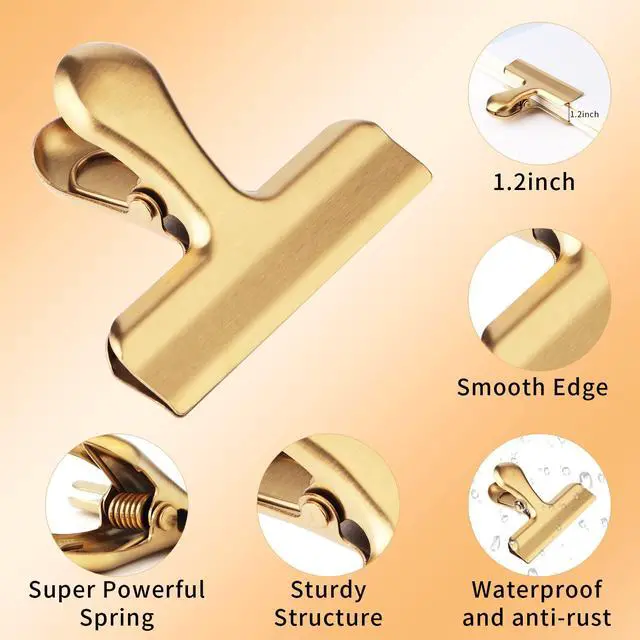 Alt view image 4 of 7 - 6pc-3 Inch Wide Stainless Steel Paper Clamps Heavy Duty Food Bag Clamp,Seal Clip, Chip Clips Metal Hinge Clip File Clamps for Kitchen&Office (Gold)