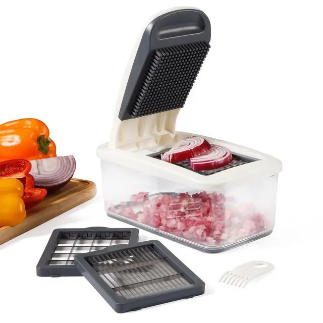 Alt view image 7 of 7 - Vegetable Chopper, 5-in-1 Food Chopper with Container, Manual Vegetable Dicer with Interchangeable Stainless Steel Blades for Slicing, Chopping & Meal Prep