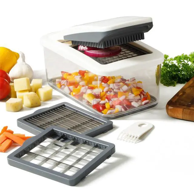 Alt view image 6 of 7 - Vegetable Chopper, 5-in-1 Food Chopper with Container, Manual Vegetable Dicer with Interchangeable Stainless Steel Blades for Slicing, Chopping & Meal Prep