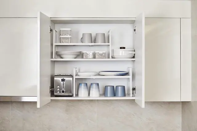 Alt view image 5 of 7 - Cabinet Shelf Expandable Height Adjustable Organizer Riser for Kitchen Cabinet Pantry Cupboard Under Sink Countertop Organization Storage Space Saver Stackable Heavy Duty Metal White