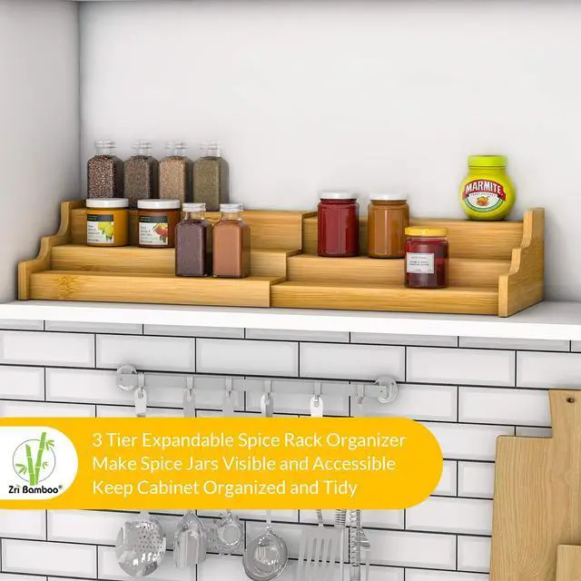 Alt view image 3 of 6 - Spice Rack Kitchen Cabinet Organizer- 3 Tier Bamboo Expandable Display Shelf Yellow