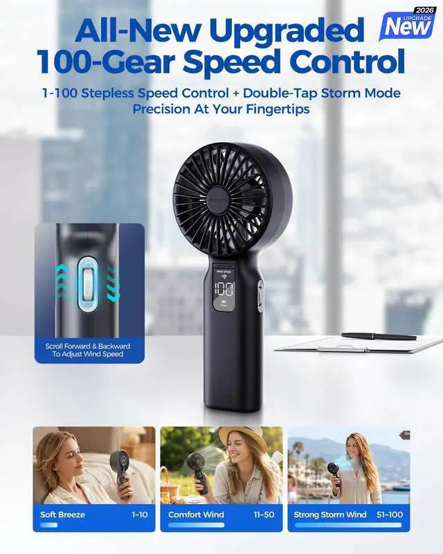 Alt view image 7 of 7 - Portable Handheld Fan, 100 Speed Scroll Wheel Control with Boost Mode, 42H Long Runtime, 6700mAh Rechargeable Travel Fan, LED Display, Quiet Personal Fan for Concerts Camping Office-Black
