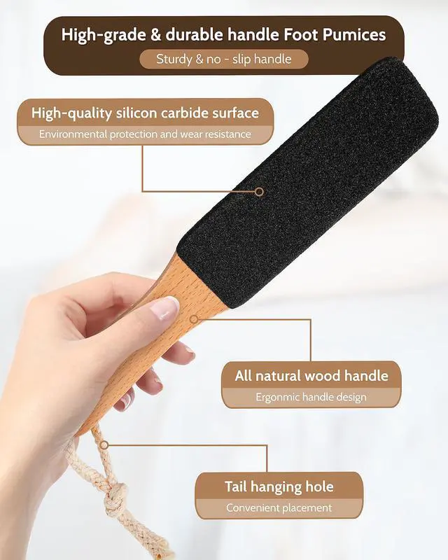 Alt view image 2 of 7 - Pumice Stone Foot File, 4pcs Set Callus Remover for Feet with Wooden Handle, Pedicure Foot Scrubber to Remove Dead Skin, Dry, Rough, Corns Skin Scraper