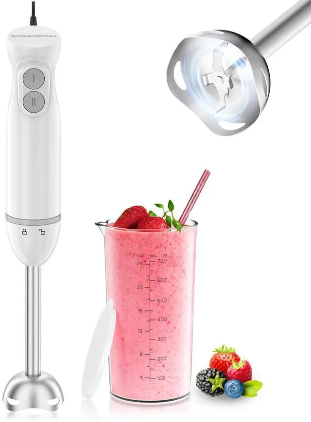 Main image of Hand Blender, Immersion Blender with 2 Mixing Speed, 2-In-1 Hand Held Stick Mixer with Beaker for Soups, Smoothies, Sauce, White
