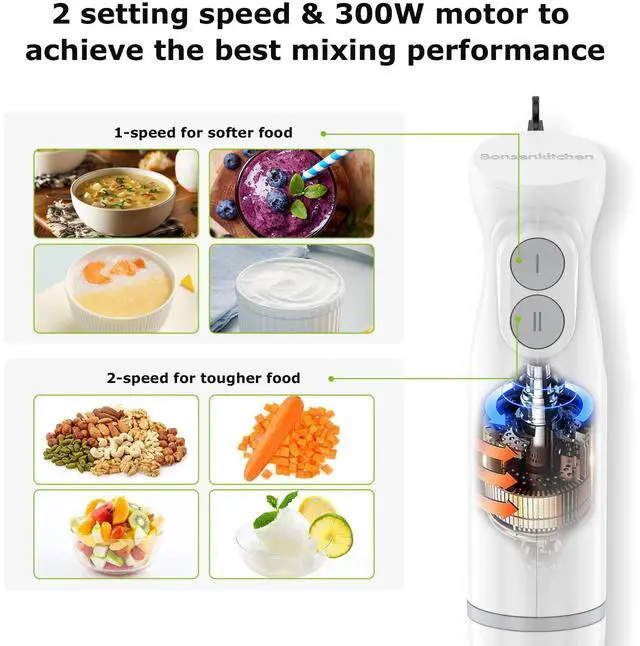 Alt view image 2 of 7 - Hand Blender, Immersion Blender with 2 Mixing Speed, 2-In-1 Hand Held Stick Mixer with Beaker for Soups, Smoothies, Sauce, White