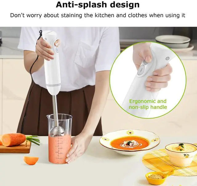 Alt view image 3 of 7 - Hand Blender, Immersion Blender with 2 Mixing Speed, 2-In-1 Hand Held Stick Mixer with Beaker for Soups, Smoothies, Sauce, White