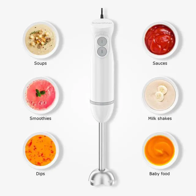 Alt view image 4 of 7 - Hand Blender, Immersion Blender with 2 Mixing Speed, 2-In-1 Hand Held Stick Mixer with Beaker for Soups, Smoothies, Sauce, White