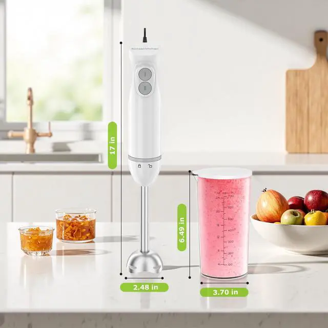 Alt view image 7 of 7 - Hand Blender, Immersion Blender with 2 Mixing Speed, 2-In-1 Hand Held Stick Mixer with Beaker for Soups, Smoothies, Sauce, White