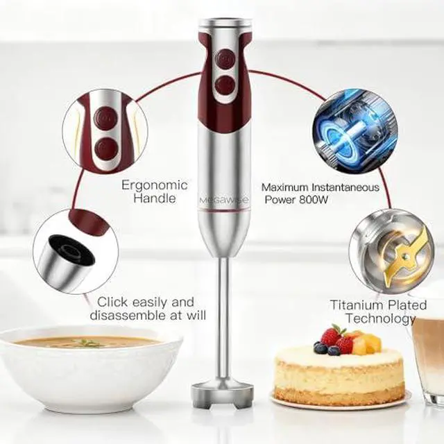 Alt view image 6 of 7 - 3-in-1 Immersion Hand Blender, 800W 12-Speed Stick Blender with Turbo, Egg Whisk & Milk Frother for Soups, Smoothies, Sauces and Baby Food, Red