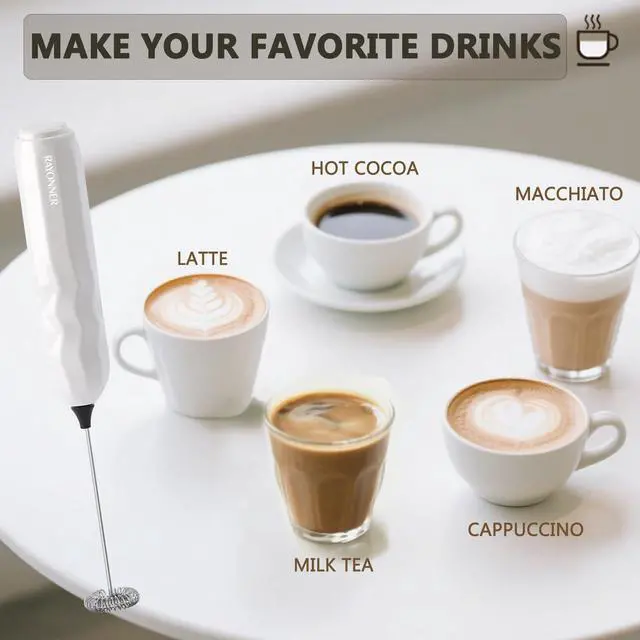 Alt view image 4 of 7 - Milk Frother Handheld Fast Powerful Drink Mixer with Stainless Steel Whisk for Coffee (White)
