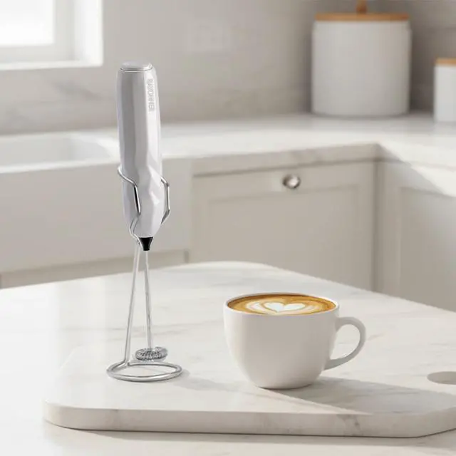 Alt view image 6 of 7 - Milk Frother Handheld Fast Powerful Drink Mixer with Stainless Steel Whisk for Coffee (White)