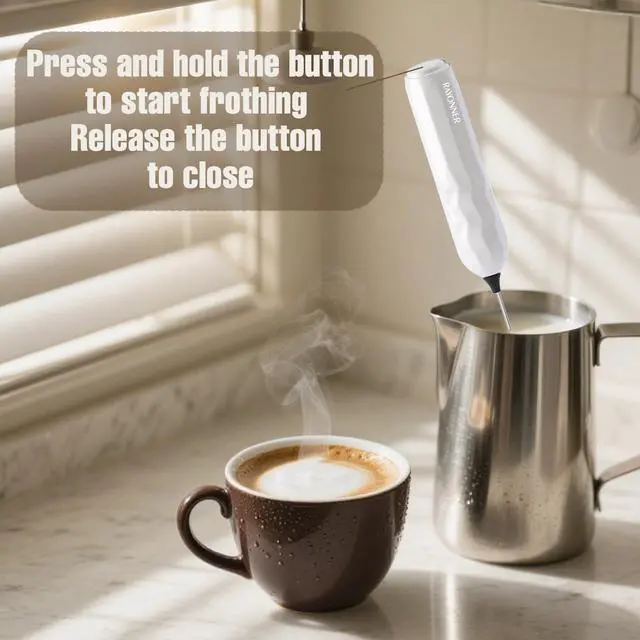 Alt view image 7 of 7 - Milk Frother Handheld Fast Powerful Drink Mixer with Stainless Steel Whisk for Coffee (White)