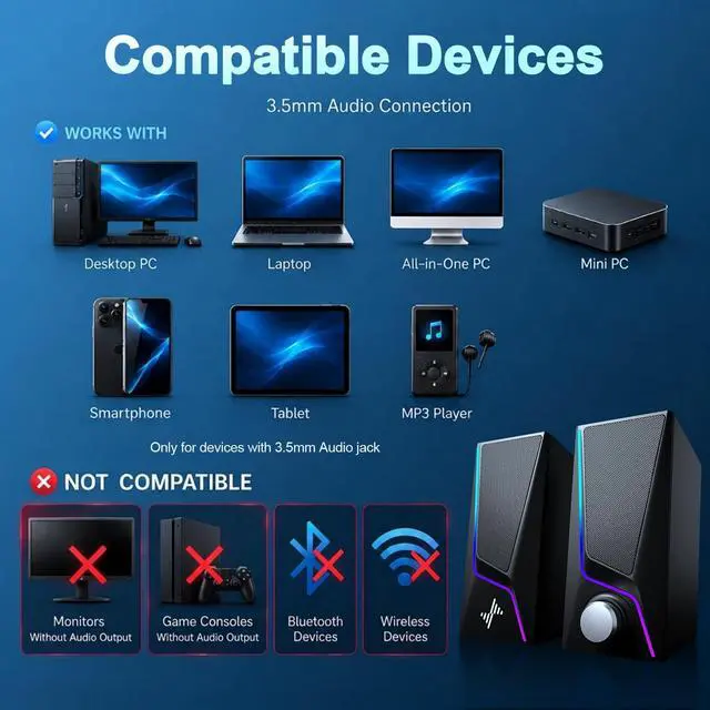 Alt view image 7 of 7 - Computer Speakers, PC Speakers with 6 Lighting Modes, USB Powered Computer Speakers for Desktop PC with 2 Bass-Boost Ports, 2 Speaker Units, and 3.5mm Aux-in for PC, Laptop, Monitor, Gaming