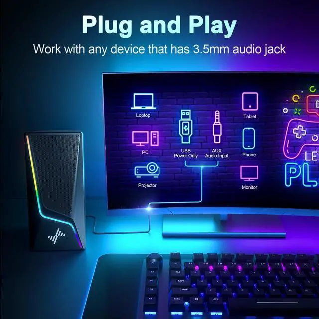 Alt view image 5 of 7 - Computer Speakers, PC Speakers with 6 Lighting Modes, USB Powered Computer Speakers for Desktop PC with 2 Bass-Boost Ports, 2 Speaker Units, and 3.5mm Aux-in for PC, Laptop, Monitor, Gaming