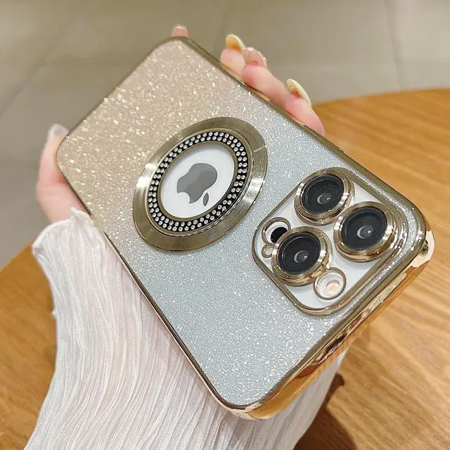 Alt view image 3 of 7 - for iPhone 13 Pro Magnetic Glitter Case Compatible with MagSafe,Full Protection Slim Shockproof Anti-Scratch Case with Camera Lens Protector Logo View Dust-Proof Net for Women Gold