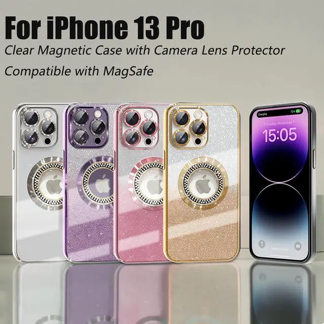 Alt view image 7 of 7 - for iPhone 13 Pro Magnetic Glitter Case Compatible with MagSafe,Full Protection Slim Shockproof Anti-Scratch Case with Camera Lens Protector Logo View Dust-Proof Net for Women Gold