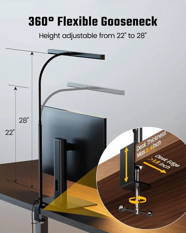 Alt view image 6 of 7 - LED Desk Lamp for Office Home, Eye-Caring Desk Light with Adjustable Gooseneck, 12W Touch Control Dimmable Brightness, Architect Clamp Lamp with USB Adapter for Reading Study Workbench